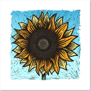 Summertime Sunflower Woodcut Posters and Art